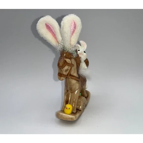 Vintage Ceramic Mini Rocking Horse Easter Bunny Chick Rider Faux Fur saddle OOAK - Picture 2 of 16